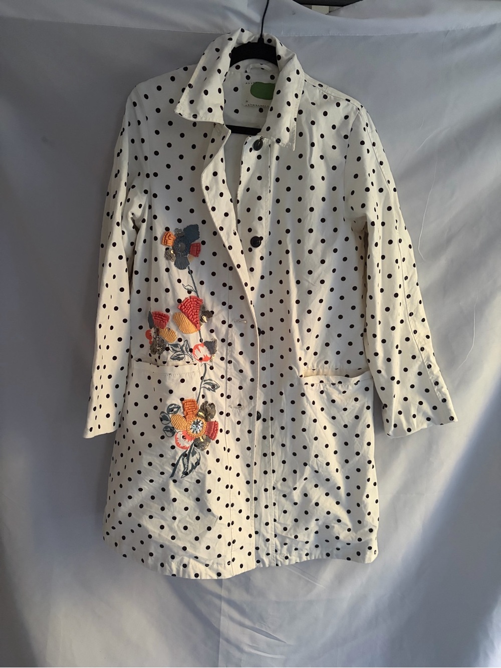 Anthropologie Polka Dot Embroidered Button-Front Trench Coat - White/Black